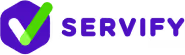 Servify logo with a green checkmark inside a purple rounded square followed by the word Servify in purple.