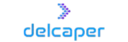Blue pixelated text spelling 'delcaper' on a black background.