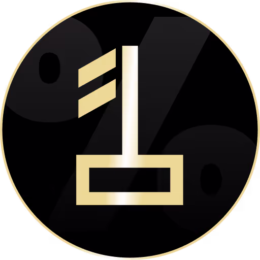 Gold key icon on a black circular background with subtle percentage symbols.