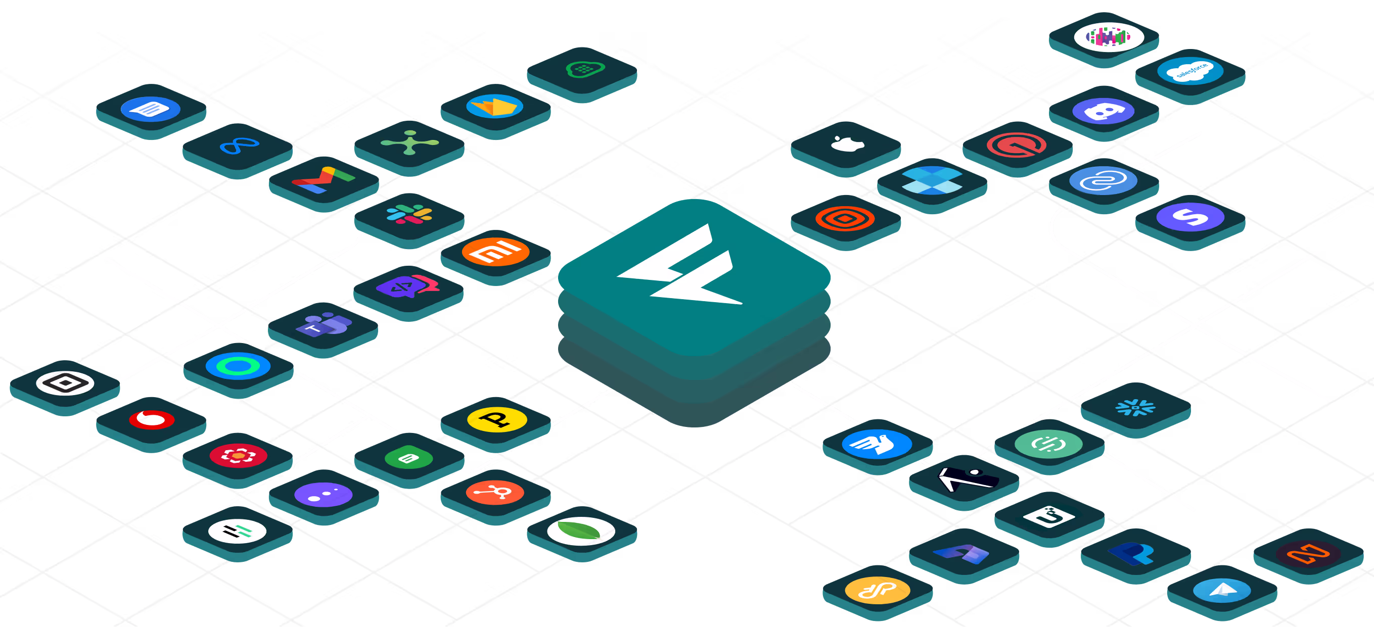 Central stack of three teal squares with white 'Fyno' logo surrounded by multiple app icons connected with white lines on black grid background.