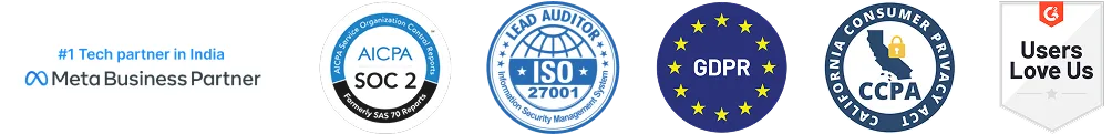 Row of badges showing Meta Business Partner, AICPA SOC 2, ISO 27001 Lead Auditor, GDPR, CCPA, and Users Love Us.