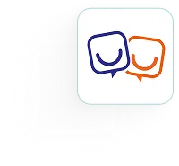 Two stylized speech bubbles forming smiling faces, one in blue and one in orange.