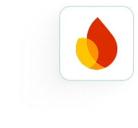 Logo with two overlapping flame shapes in red and orange inside a rounded square.