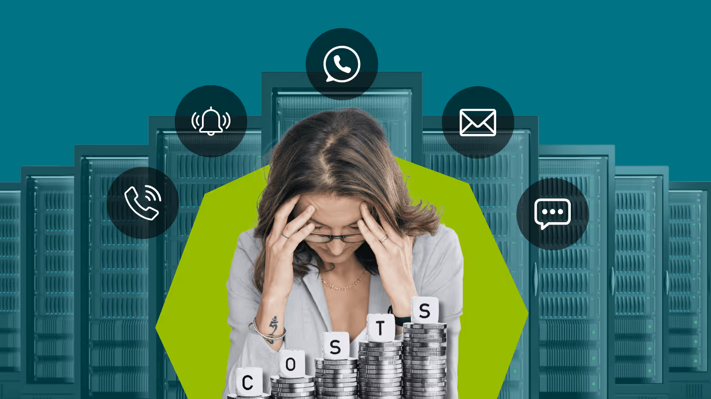 Stressed woman surrounded by communication icons, with stacked coins spelling 'COSTS' in front of server racks.
