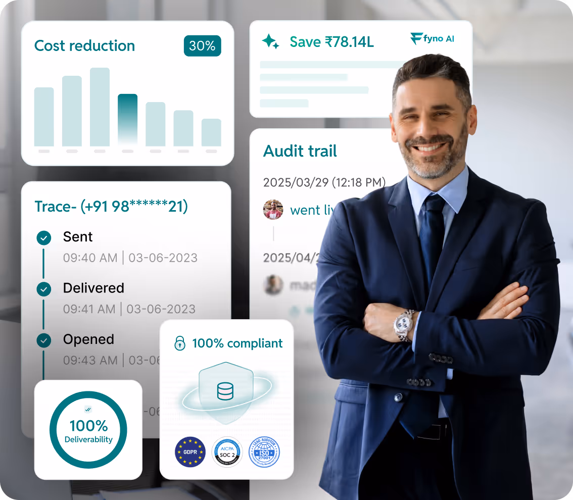 Smiling businessman in a navy suit standing with arms crossed next to digital business analytics showing cost reduction, deliverability status, compliance certifications, and audit trail details.