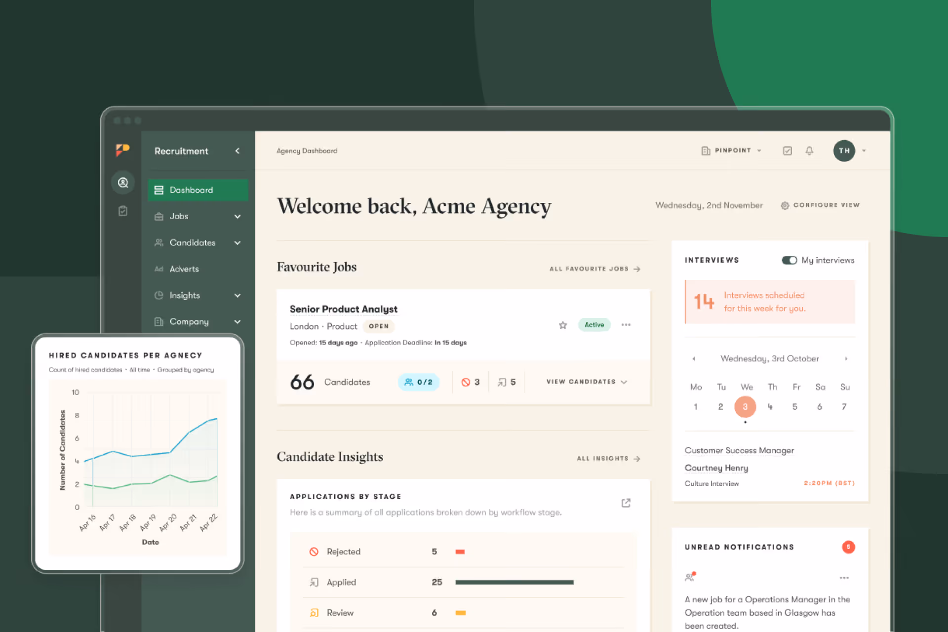 Pinpoint's recruiter agency portal feature UI on a green background