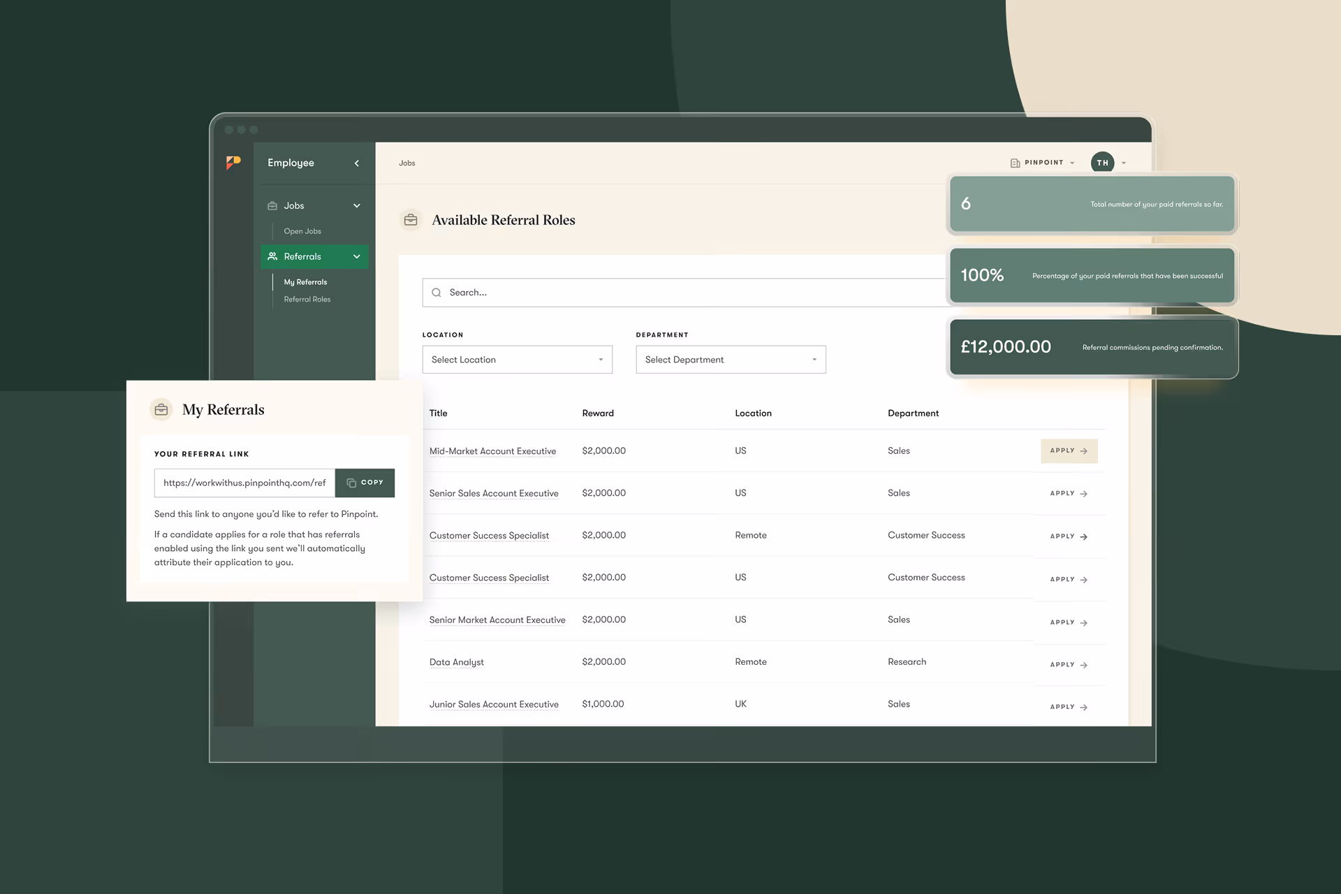 Pinpoint's employee referrals feature UI on a green background