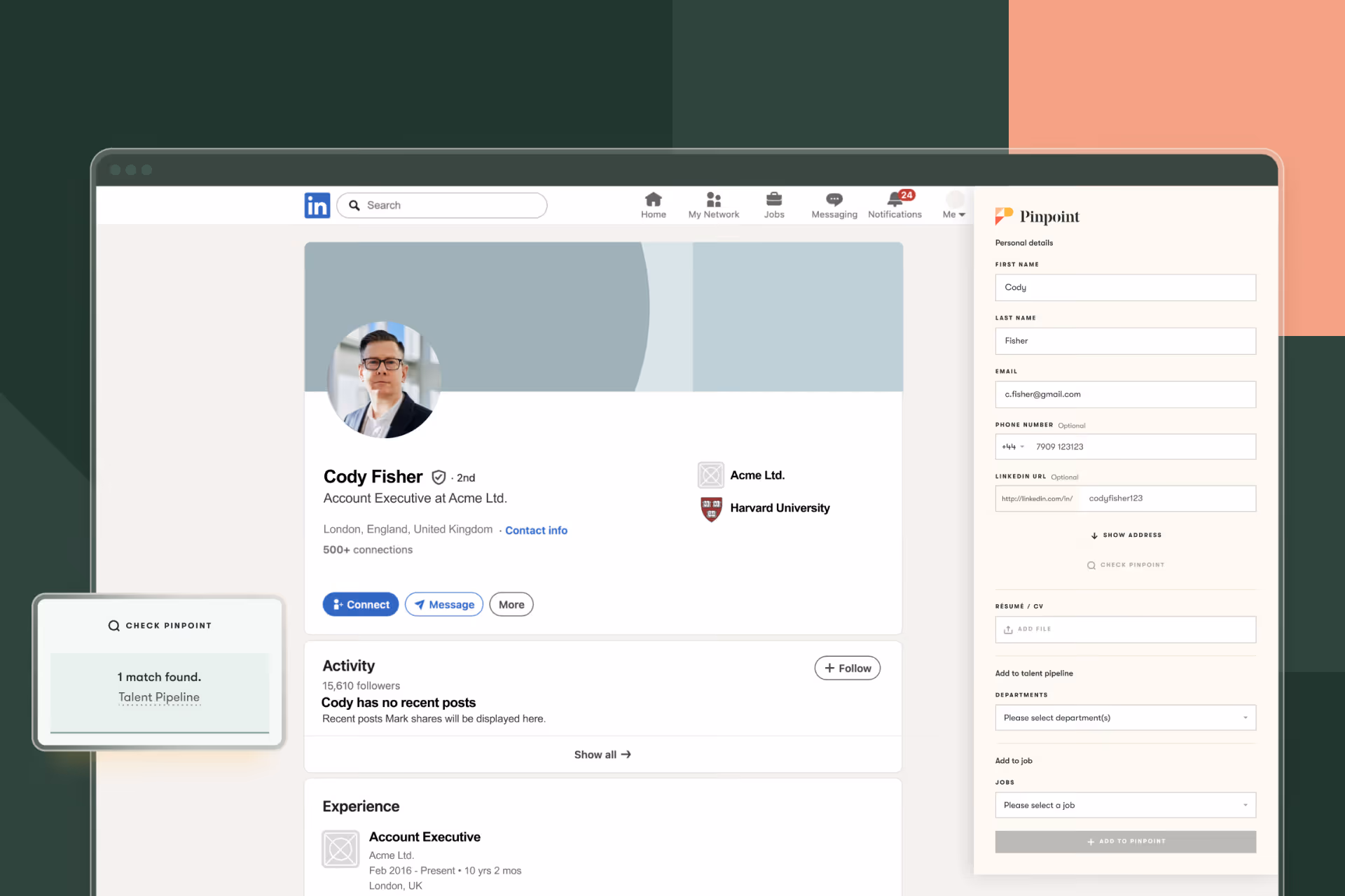 Pinpoint's sourcing extension feature UI on a green background