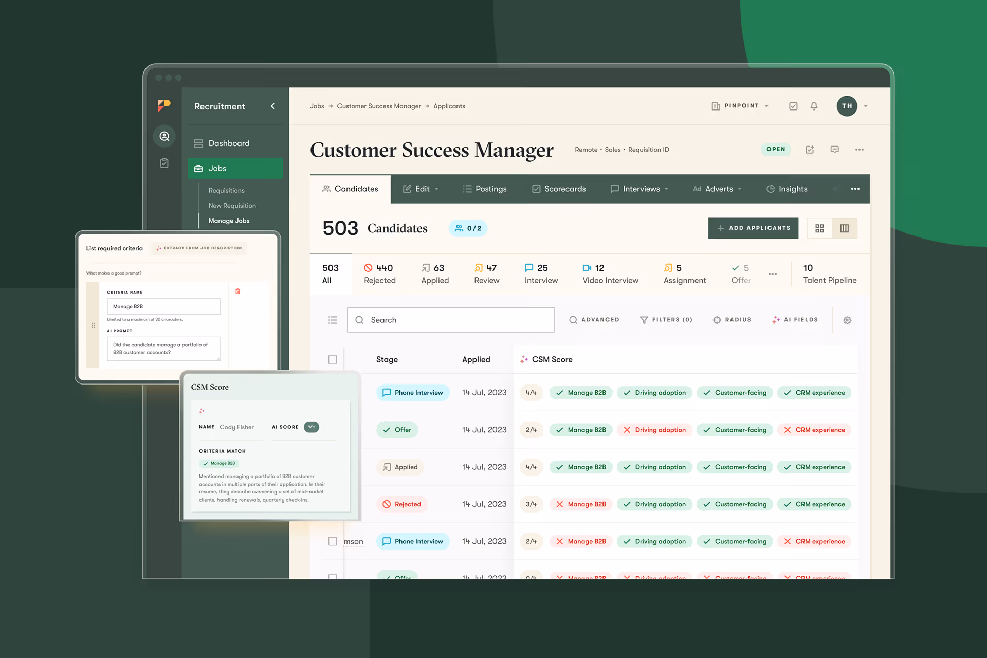 Pinpoint's AI candidate match score UI on a green background
