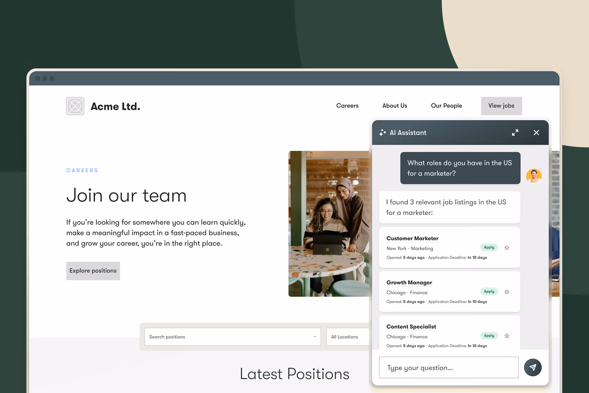 Pinpoint's AI candidate companion UI on a green background