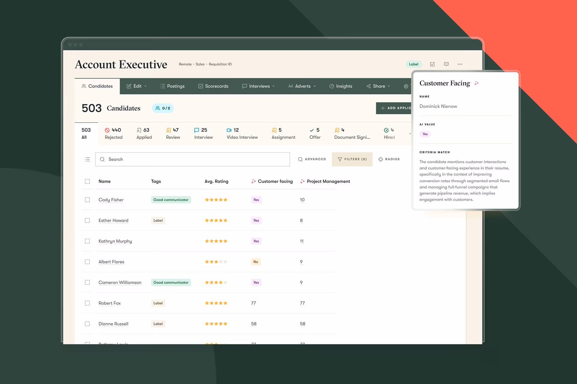 Pinpoint's AI candidate filters UI on a green background