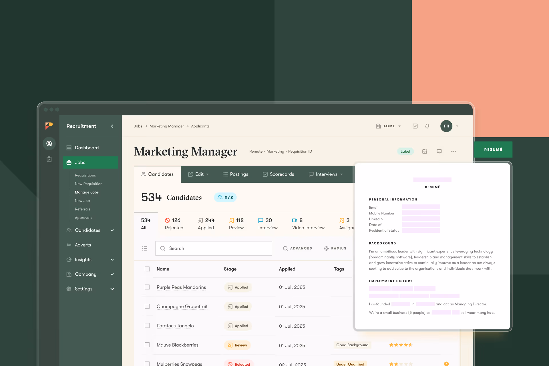 Pinpoint's anonymized screening feature UI on a green background
