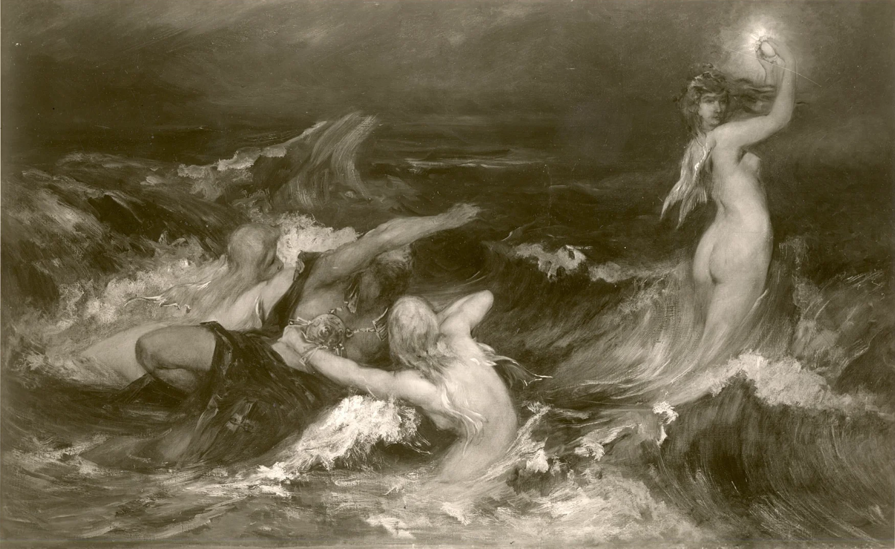 Alberich und die Rheintöchter., Gemälde von Hans Makar, ca. 1865