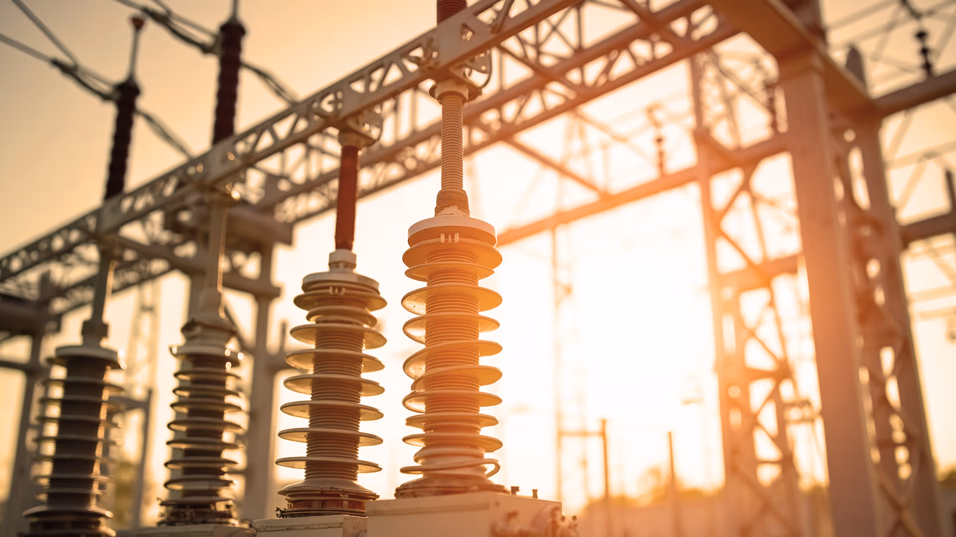 Close-up of high-voltage insulators and electrical equipment at a power substation during sunset.