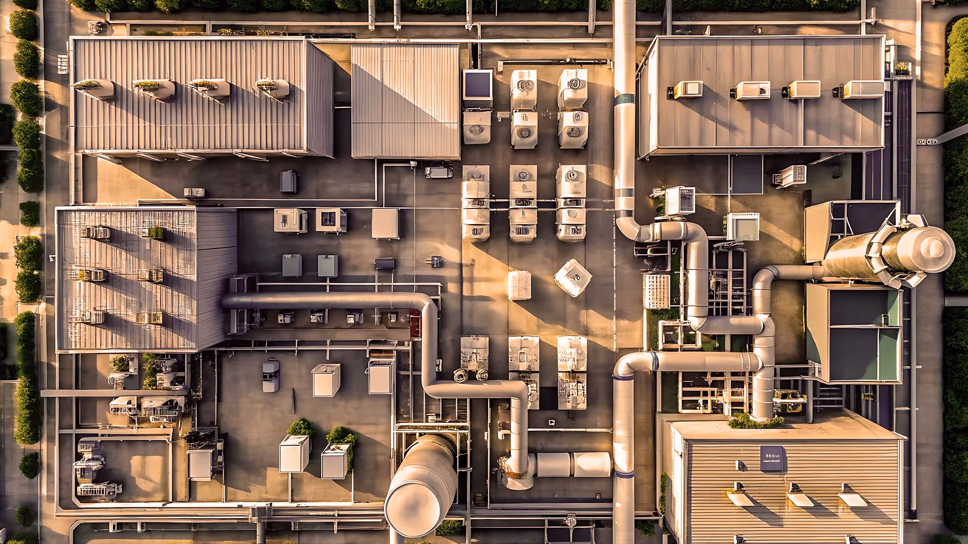 Top-down aerial view of an industrial building rooftop with multiple HVAC units, pipes, and vents.