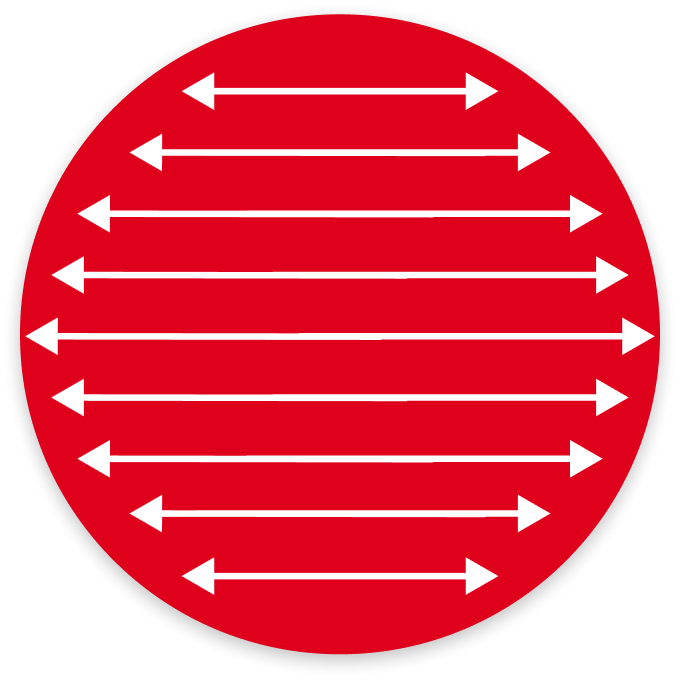 Red circular graphic featuring horizontal white arrows pointing left and right, evenly spaced across the center.