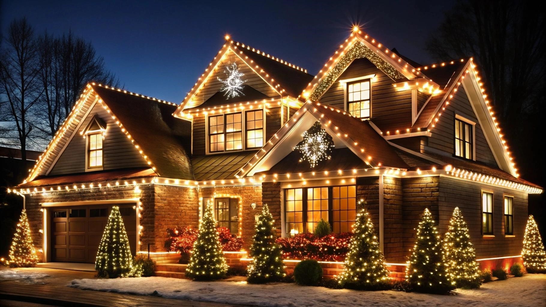 Warm white holiday lighting on a home