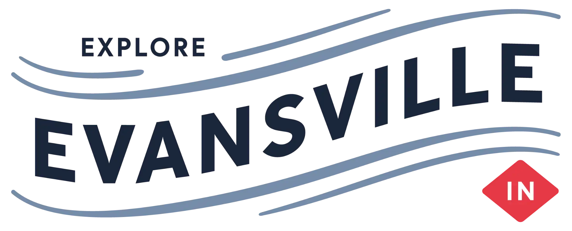 Explore Evansville wordmark with blue wavy lines and a red diamond containing IN.