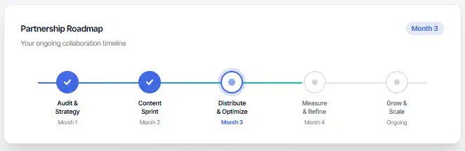 Partnership roadmap timeline displaying five stages: Audit & Strategy (Month 1), Content Sprint (Month 2), Distribute & Optimize (Month 3, current), Measure & Refine (Month 4), and Grow & Scale (Ongoing).
