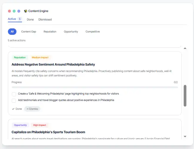 Content Engine dashboard displaying active tasks including addressing negative sentiment around Philadelphia safety with checkboxes for actions.