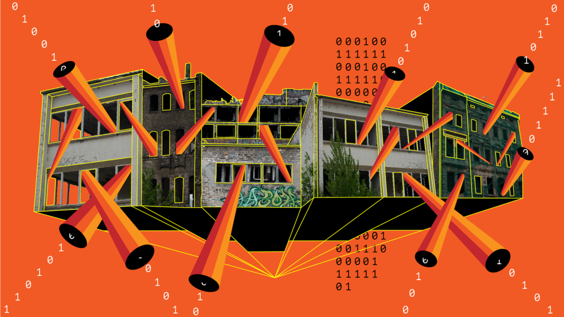 Abstract digital art merging abandoned buildings with data streams and binary code on an orange background.