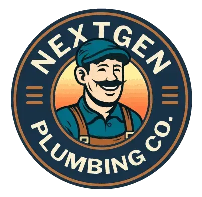 Circular logo for NextGen Plumbing Co. featuring a smiling male plumber representing friendly, professional plumbing services.