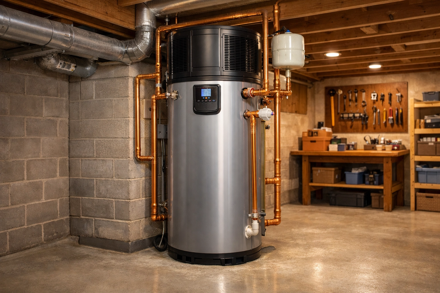 Professional heat pump water heater installation with copper piping in a Coventry home basement.