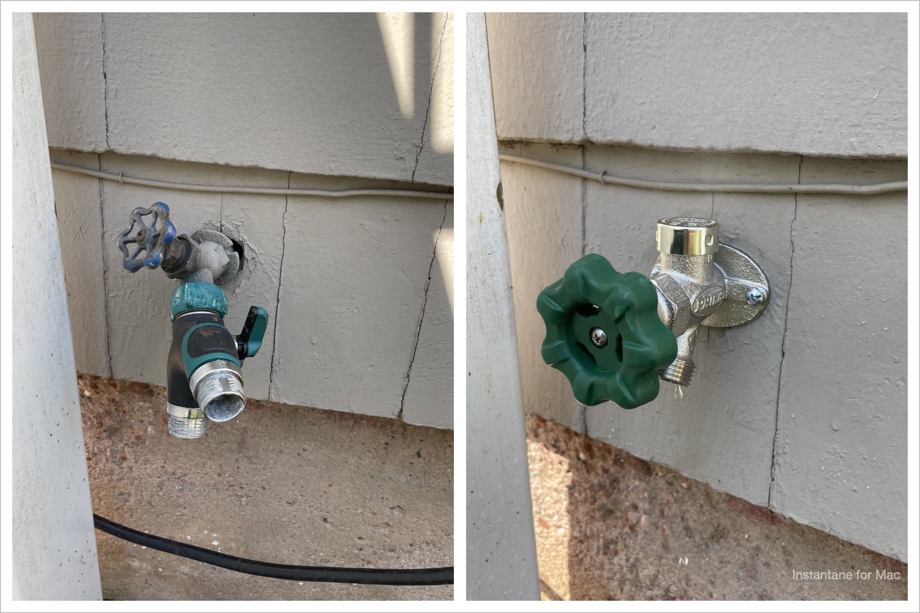 Side-by-side comparison of an old, worn outdoor faucet and a newly-installed, modern outdoor faucet on the same exterior wall.