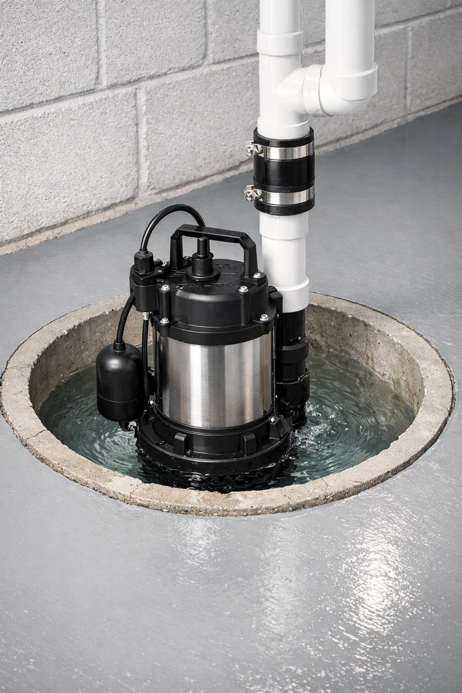 Submersible sump pump in a clean basement pit with PVC discharge pipes for flood prevention in CT.