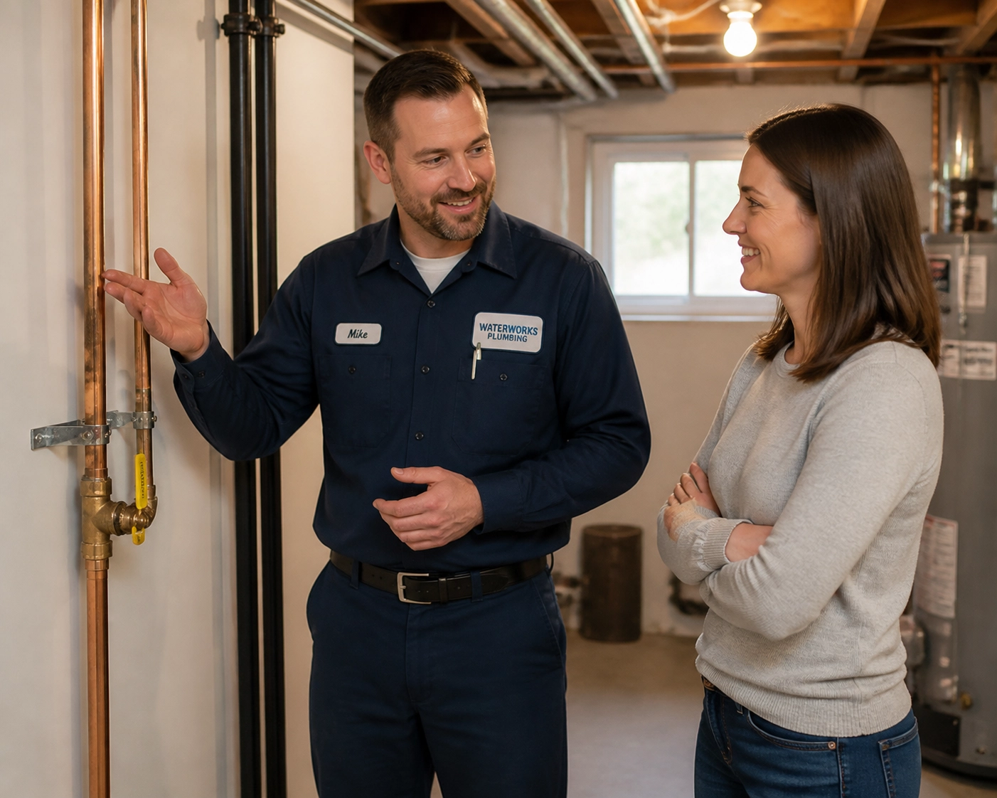 Professional plumber walkthrough showing copper pipe repairs and brass valve to a happy homeowner after an emergency.
