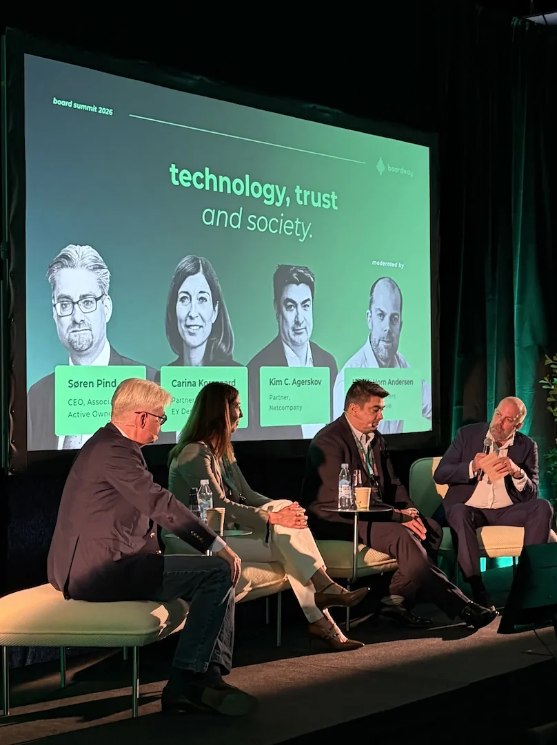 Søren Pind, Carina Marie G. Korsgaard and Kim Clausen Agerskov, a Board Summit panel on technology, trust and society, on why trust in big tech must be earned, not assumed, and why resilience now means a protocol and nerve, not foresight.