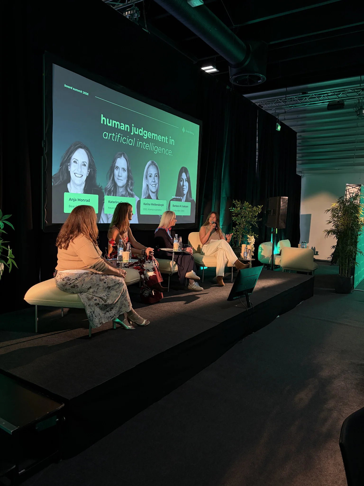 Karina Wellendorph, Anja Monrad and Katarina Gospic, panelists at a Board Summit session on human judgment in AI, on why boards shouldn’t assume humans stay in the loop forever, and where judgment matters most once AI takes over the routine calls.