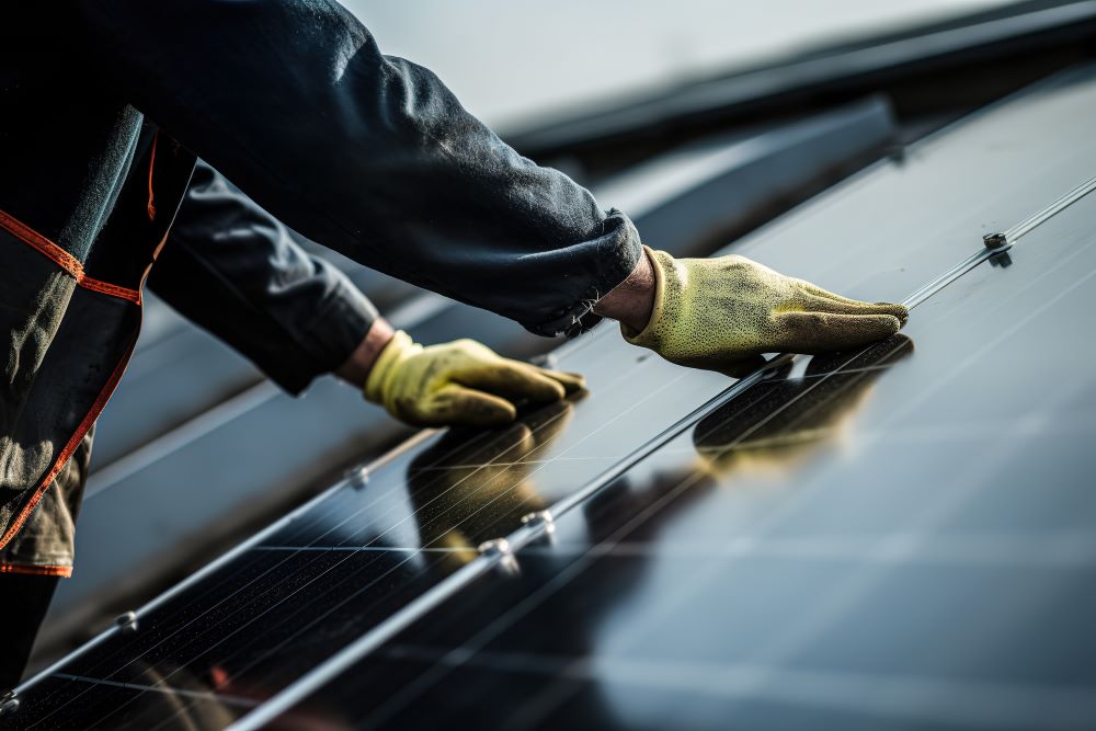 Person mit gelben Handschuhen installiert oder reinigt Solarmodule auf einem Dach.