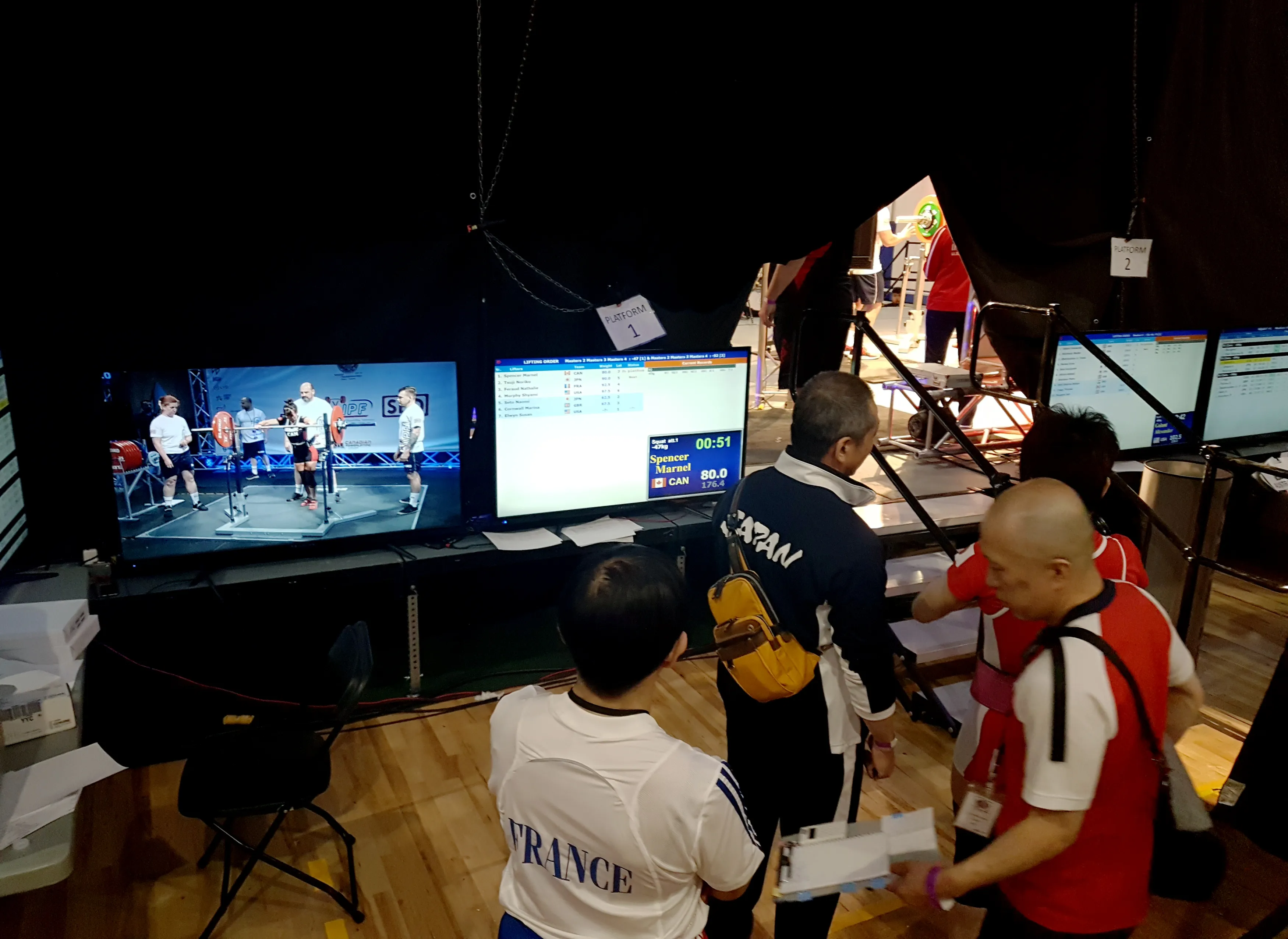 behind the stage view of the tvs and computers watching the live stream