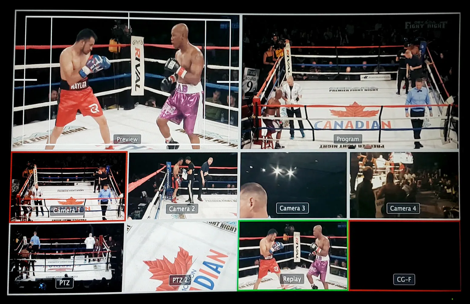 switcher screens showing multiple camera angles of live boxing event