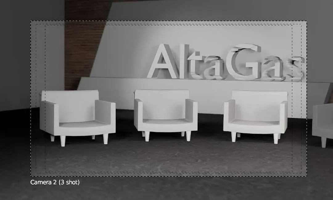 Three modern white armchairs arranged in a row in front of a wall with the partially visible text 'AltaGas'.
