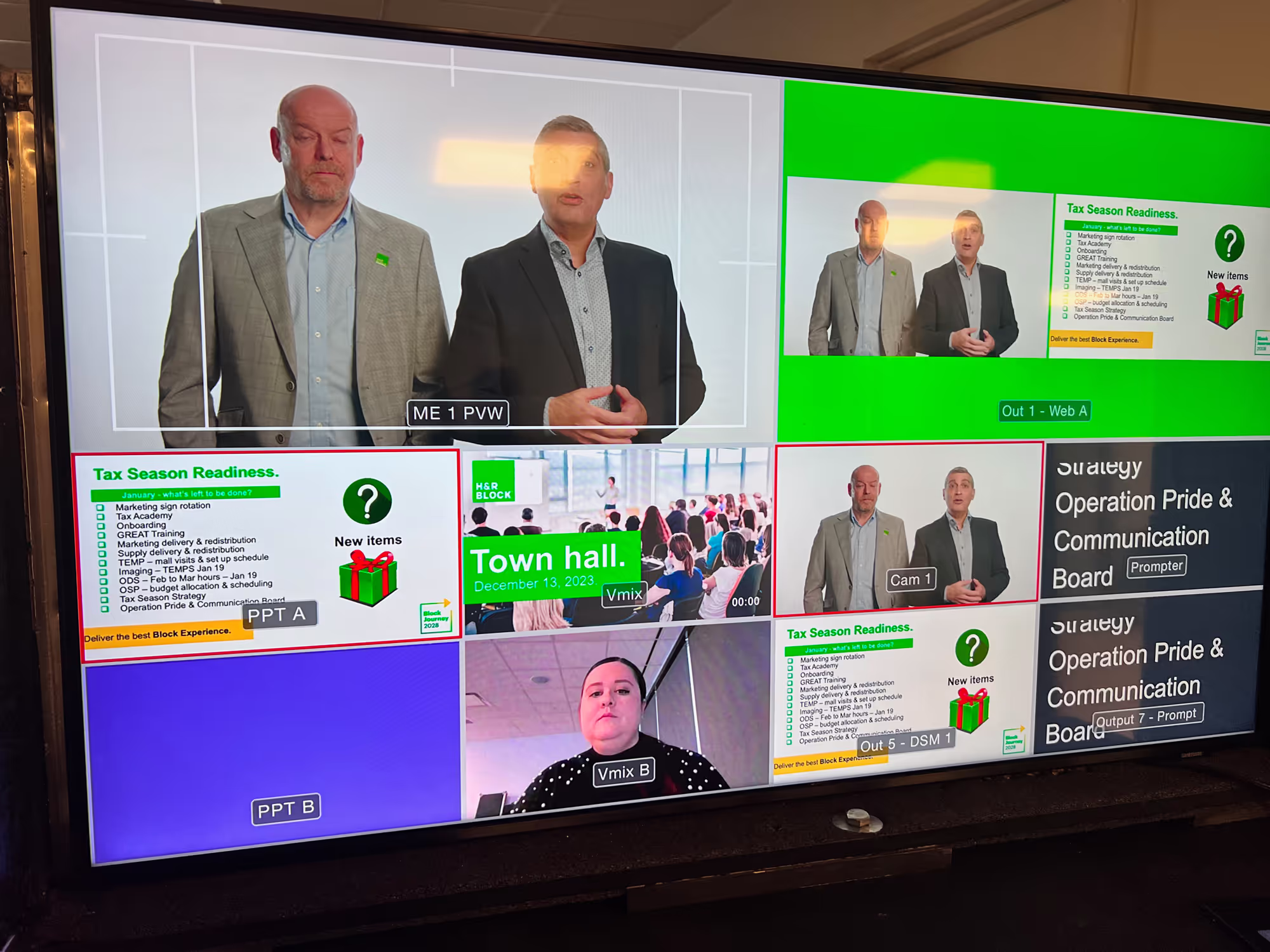 Multi-view video production screen showing two men presenting a tax season readiness town hall, includes slides, presenter views, and a woman in a separate feed.