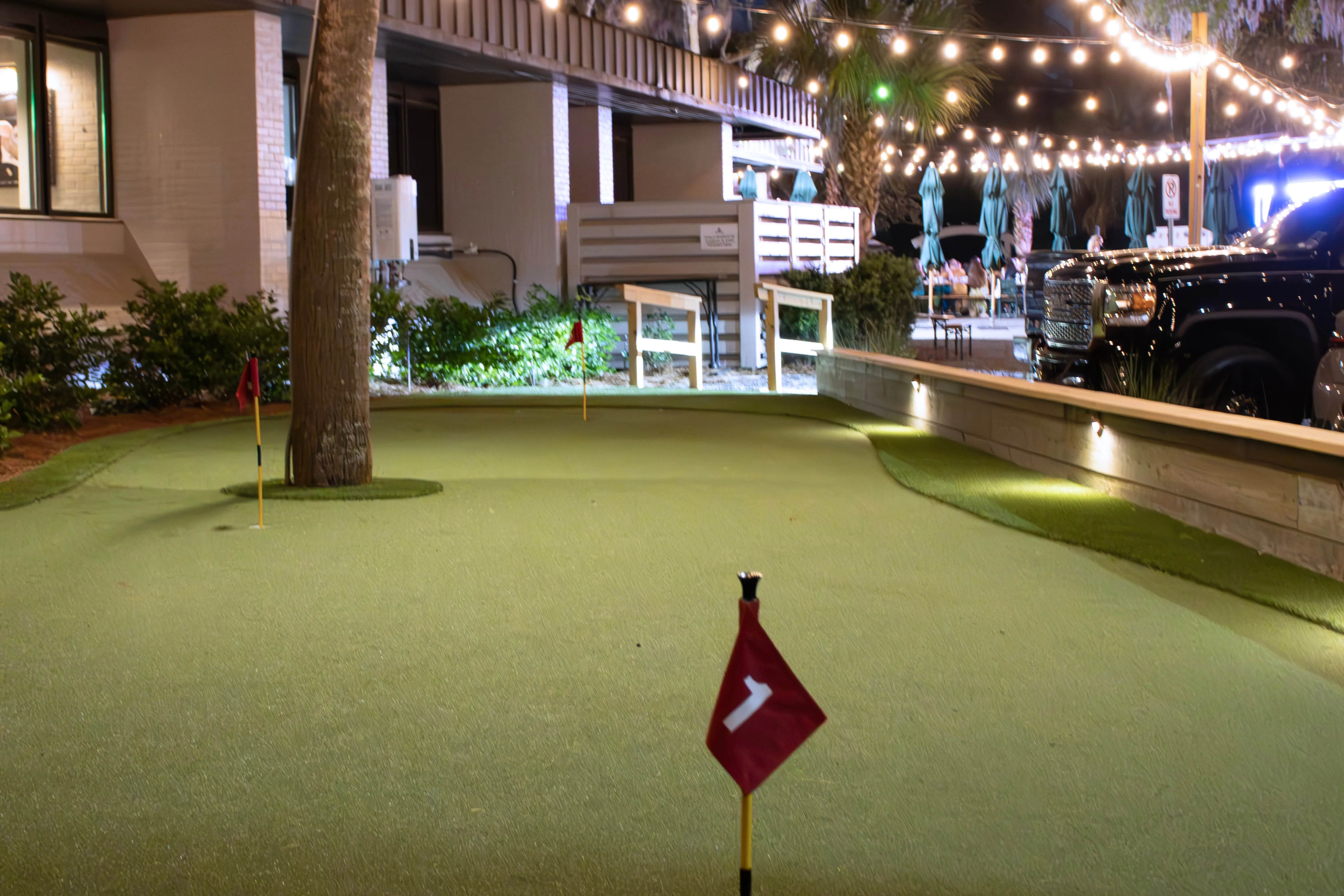 Outdoor putting green with small red flags marked 1 and a tree, lit by string lights at night.