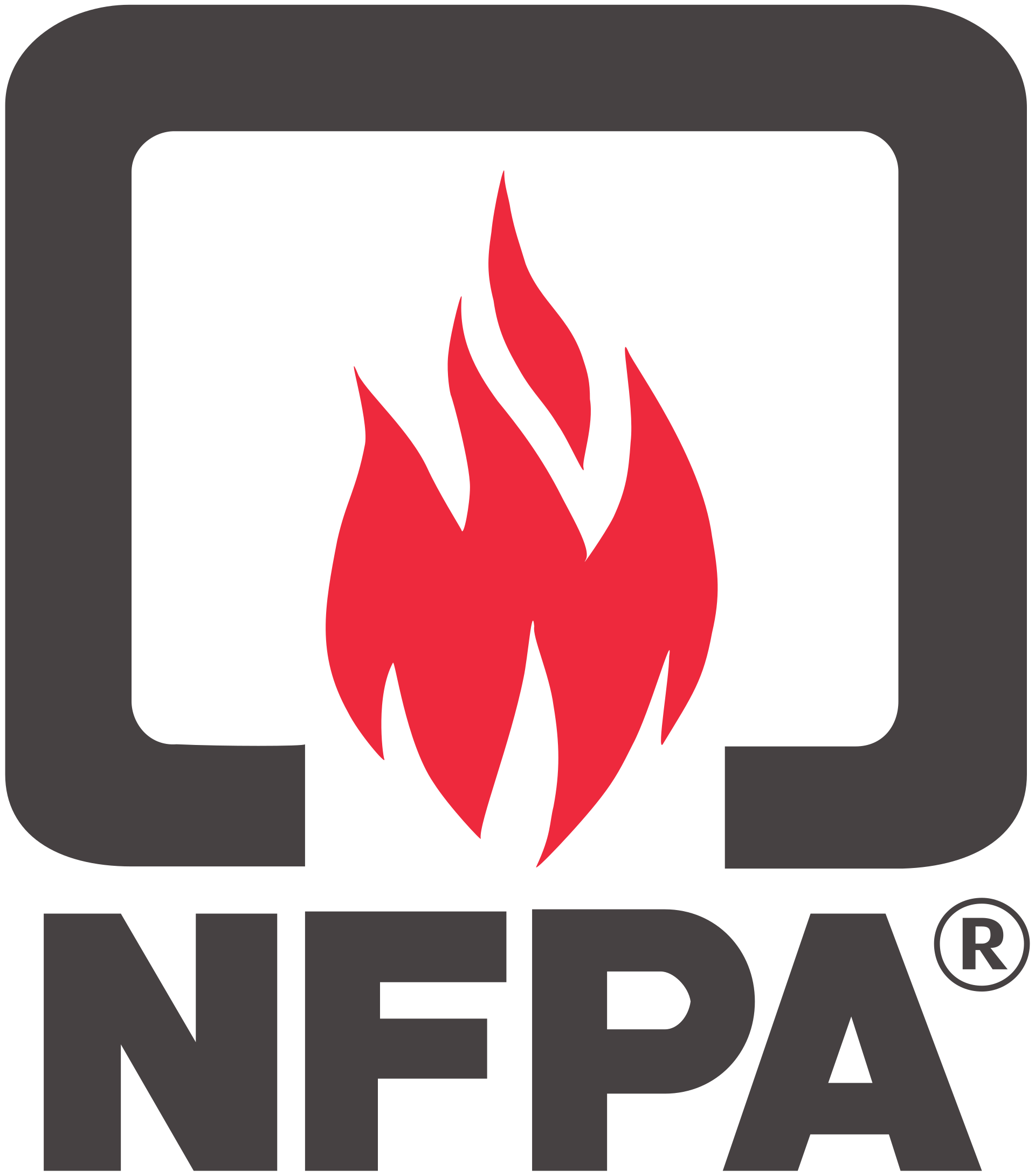 NFPA logo with a red flame inside a rounded gray square and black letters NFPA below.