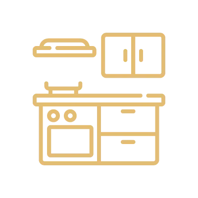 Icon of a kitchen setup showing cabinets, a stove, oven, and a range hood in a simple beige line design on a dark background.