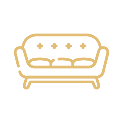 Simple beige outline icon of a sofa with three cushions and four decorative buttons on the backrest.