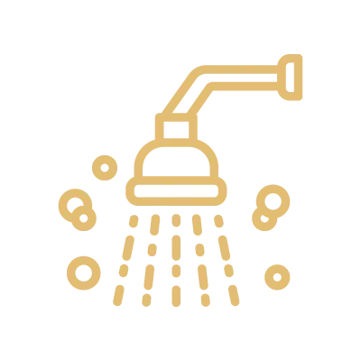 Icon of a showerhead with water droplets and bubbles around it.