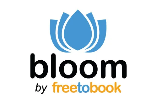 Bloom by freetobook logo featuring a blue abstract flower above the word bloom and freetobook in black and orange text.