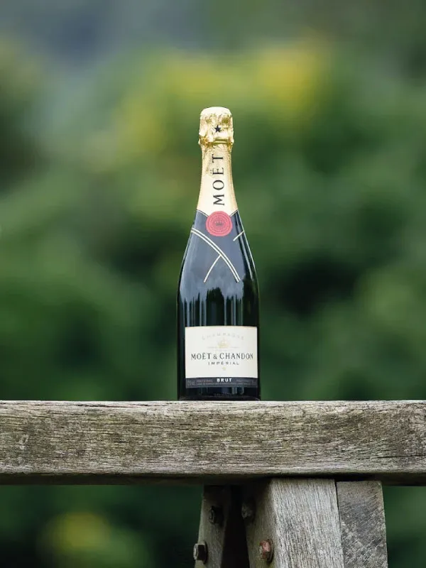 A bottle of Moët & Chandon champagne placed on a wooden surface with a blurred green background.