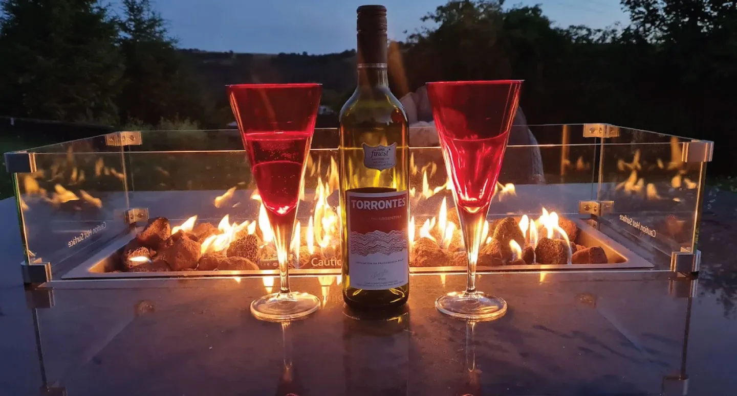 Bottle of Torrontes wine with two red wine glasses placed in front of an outdoor fire pit at dusk.