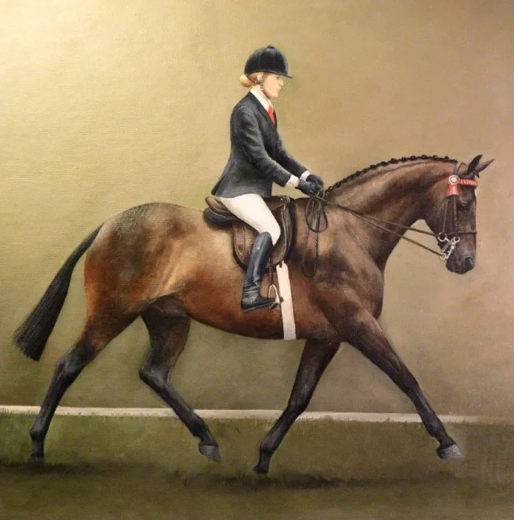 Rider in equestrian attire on a brown horse trotting on grass with a plain background.