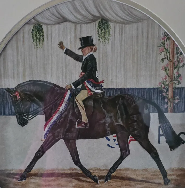 Painting of equestrian rider in formal attire on a black horse during a dressage competition.