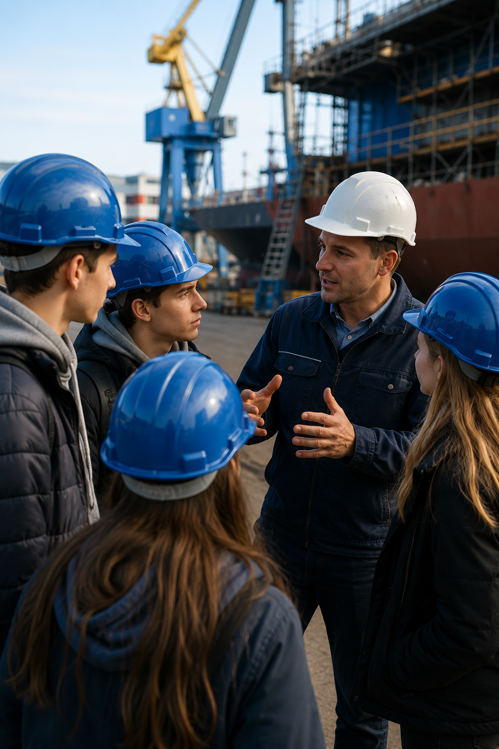 Bauleiter erklärt vier jungen Arbeitern mit blauen Helmen Details auf einer Baustelle mit Kran.