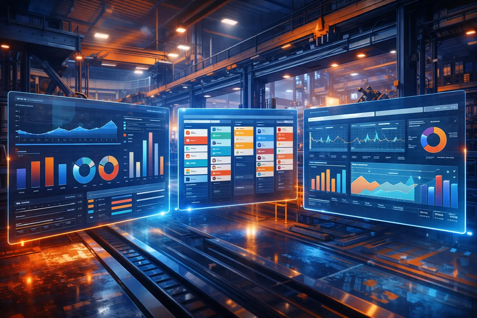 Tableaux de bord d'une application de maintenance affichés dans un atelier industriel