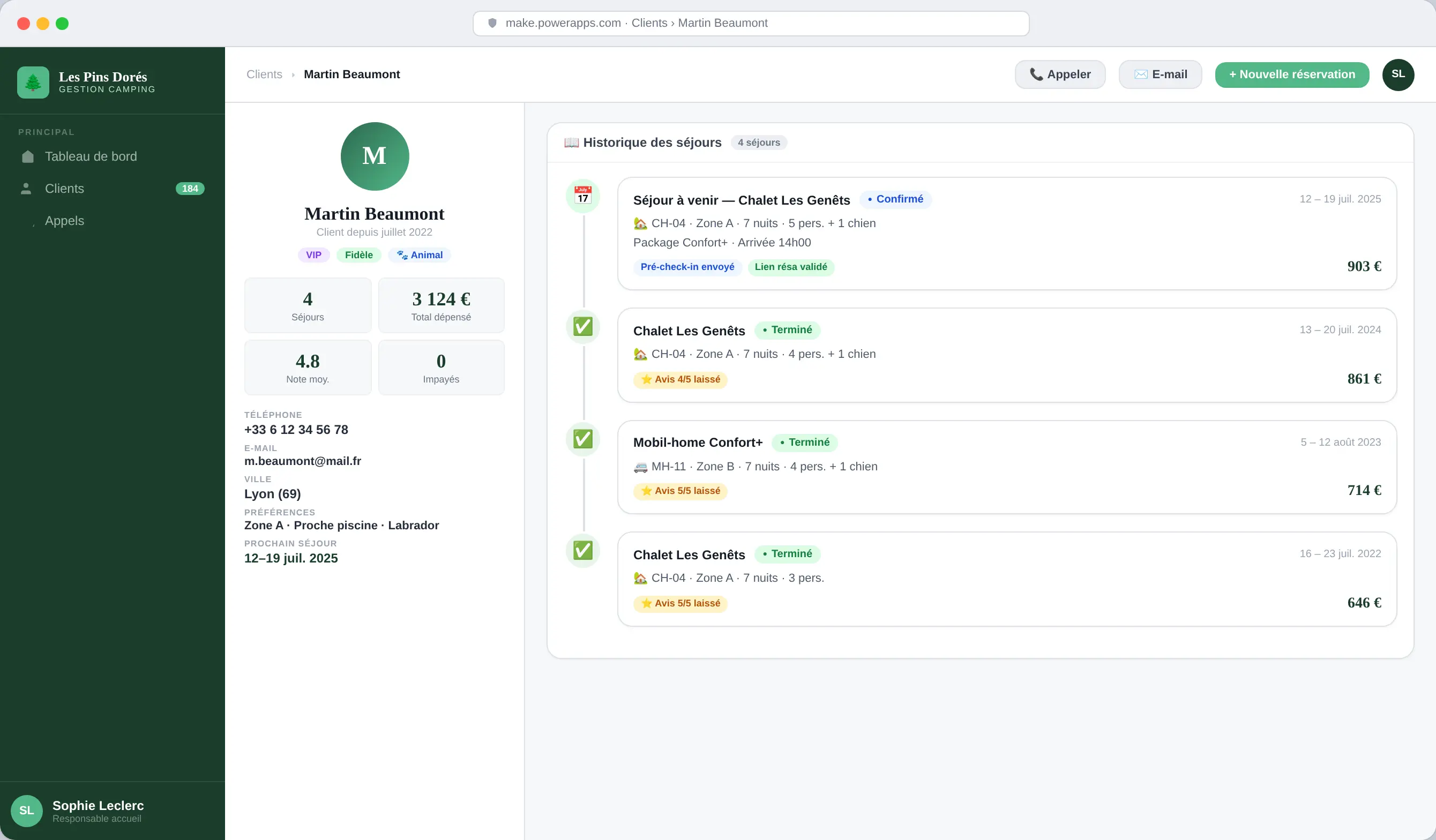Fiche d’un client avec l’historique de ses séjours